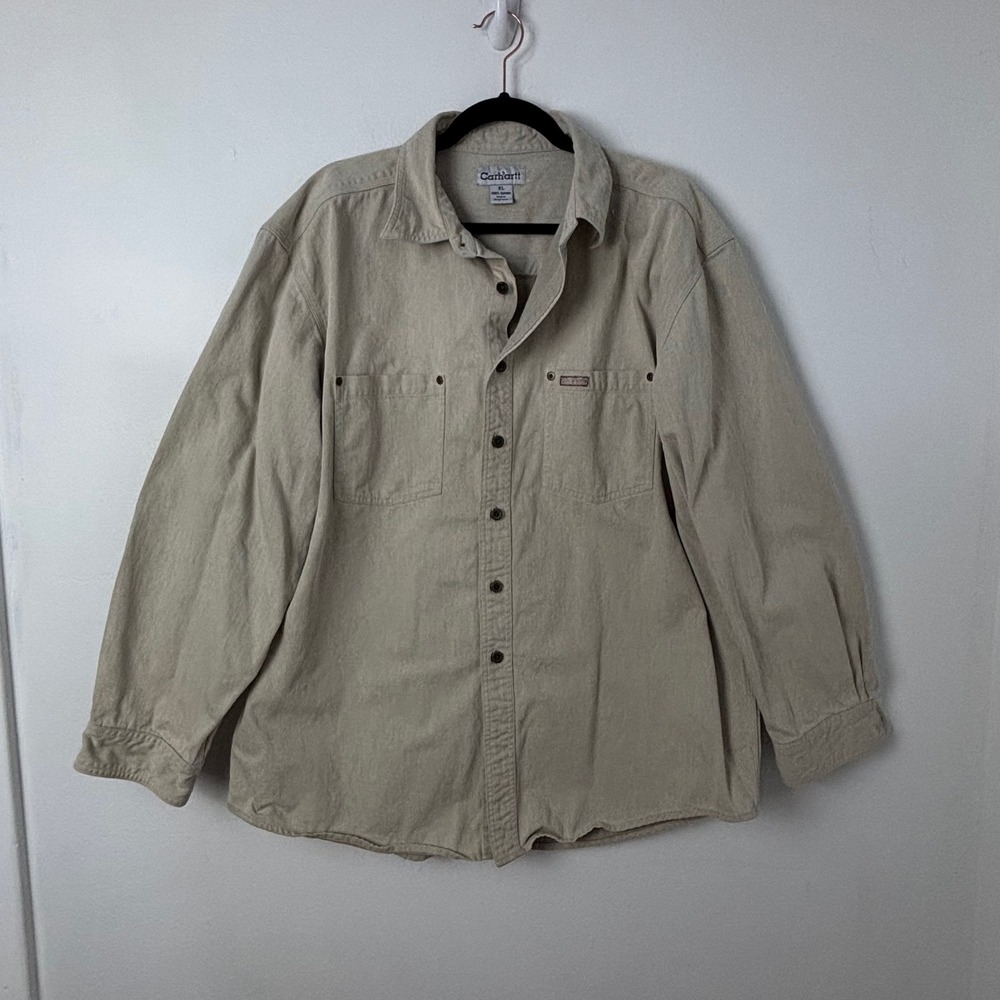 Carhartt Tan Cotton Twill Button Down Work Shirt Long Sleeve Distressed Mens XL